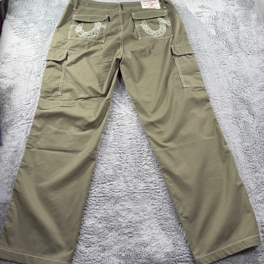 True Religion Mens Olive Green Contrast Stitch Cargo Pants Size 36 Embroidered